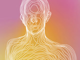 White line drawing of a human with mustard and pink background gradient